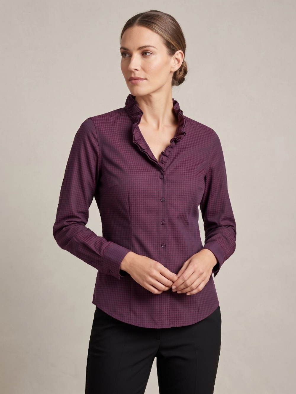 Brooks Brothers Petite Ruffle Collar Houndstooth Button Up Blouse - 8P